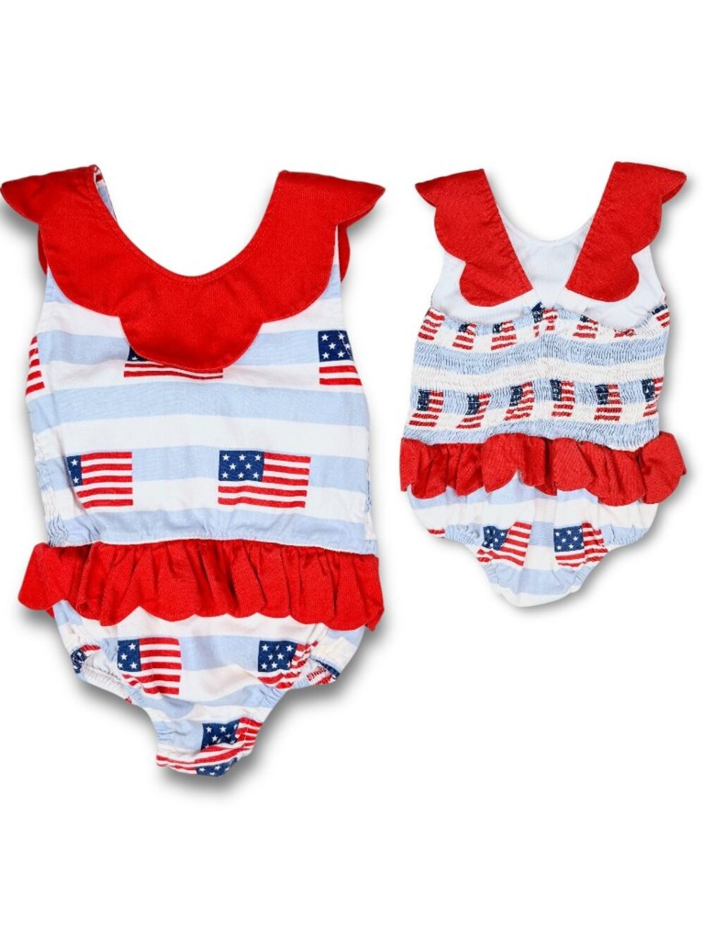 Babeeni Baby Girl American Flag USA Smocked Back Bubble Romper Outfit 6m +